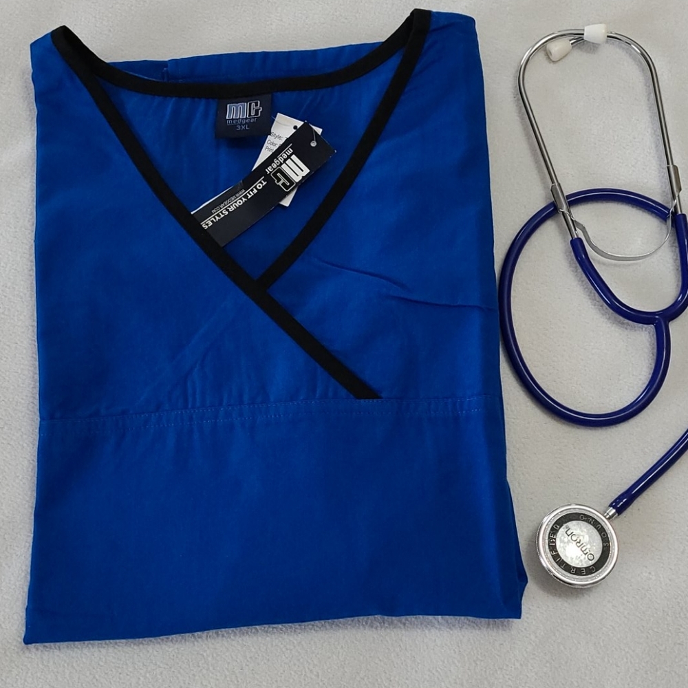 NEW 3X Medgear Scrubs Top Blue Medical Uniform Crisscross Trim Vented Vneck MG